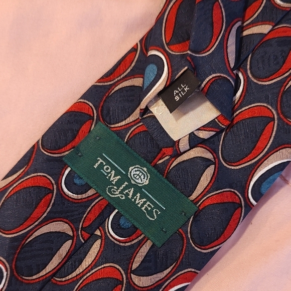 Tom James Vintage Retro Geometric Patterned Tie in Blue and Orange 4" - Picture 2 of 3